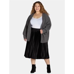 New Terra & Sky Womens Plus Size OX Black Midi Pleated Satin Skirt Elastic Waist